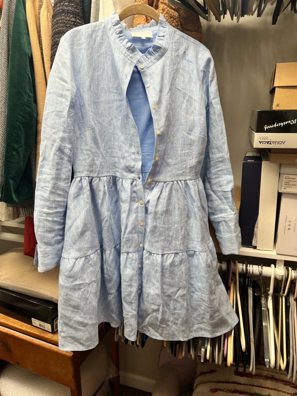 Alice Walk Light Blue Tiered Button-Front Linen Dress